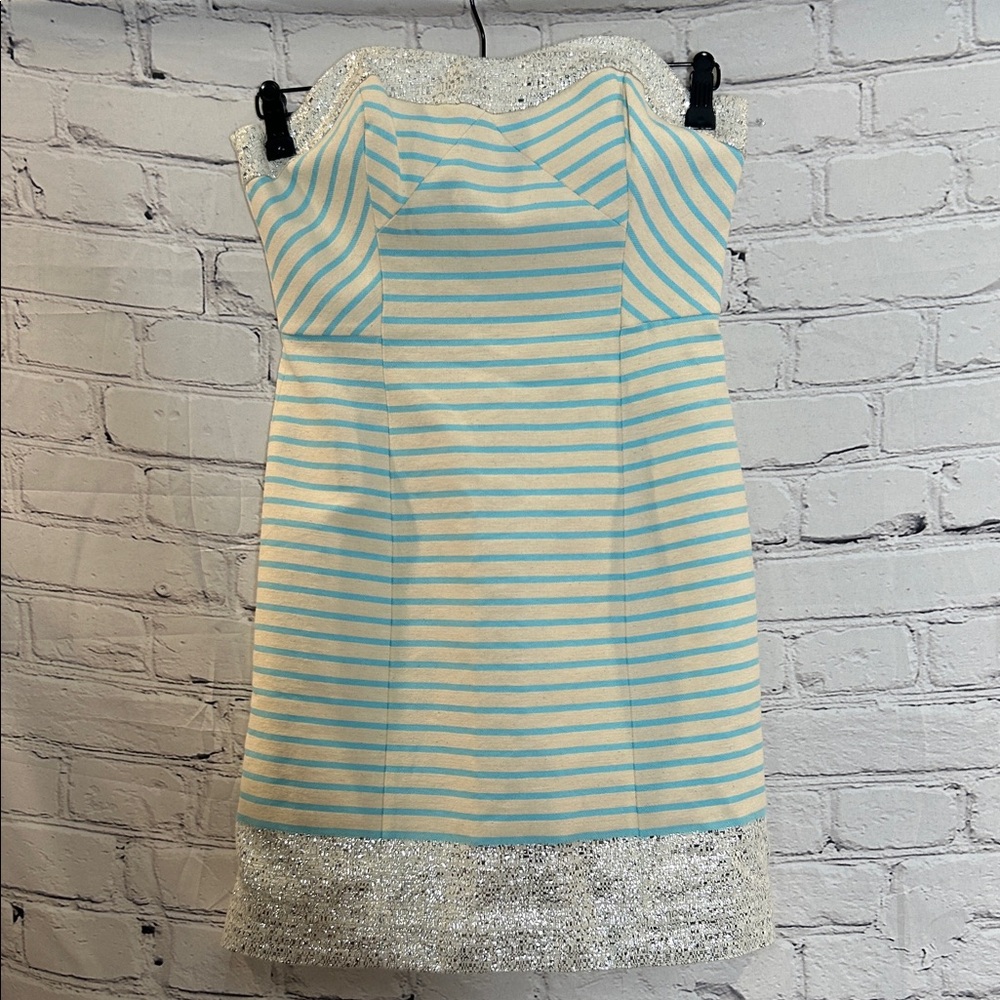 Lilly Pulitzer Blue & Ivory Striped Metallic Silver Trim Strapless Dress Size 0 - Picture 1 of 9